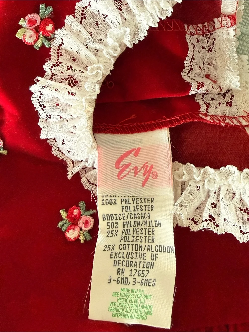 Vintage Evy Red Velvet & White Lace Baby Dress, 3-6M, NWT